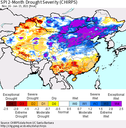 China, Mongolia and Taiwan SPI 2-Month Drought Severity (CHIRPS) Thematic Map For 11/16/2020 - 1/15/2021