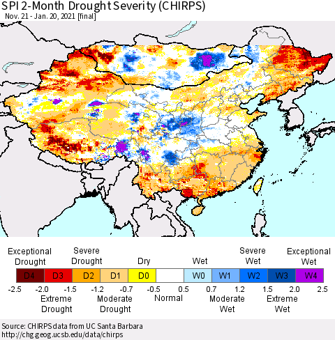 China, Mongolia and Taiwan SPI 2-Month Drought Severity (CHIRPS) Thematic Map For 11/21/2020 - 1/20/2021