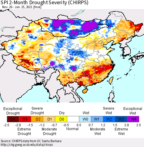 China, Mongolia and Taiwan SPI 2-Month Drought Severity (CHIRPS) Thematic Map For 11/26/2020 - 1/25/2021