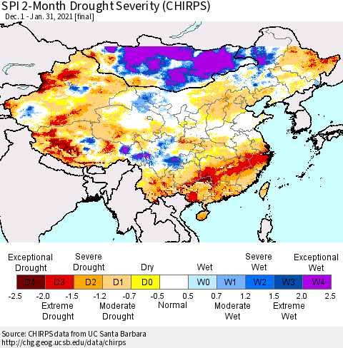 China, Mongolia and Taiwan SPI 2-Month Drought Severity (CHIRPS) Thematic Map For 12/1/2020 - 1/31/2021