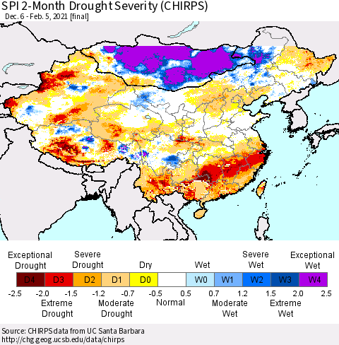 China, Mongolia and Taiwan SPI 2-Month Drought Severity (CHIRPS) Thematic Map For 12/6/2020 - 2/5/2021