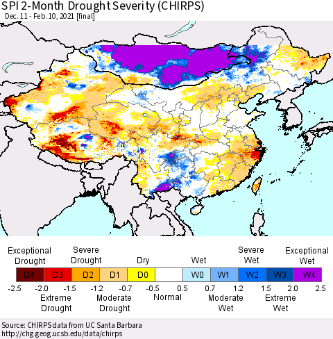 China, Mongolia and Taiwan SPI 2-Month Drought Severity (CHIRPS) Thematic Map For 12/11/2020 - 2/10/2021