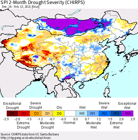 China, Mongolia and Taiwan SPI 2-Month Drought Severity (CHIRPS) Thematic Map For 12/16/2020 - 2/15/2021