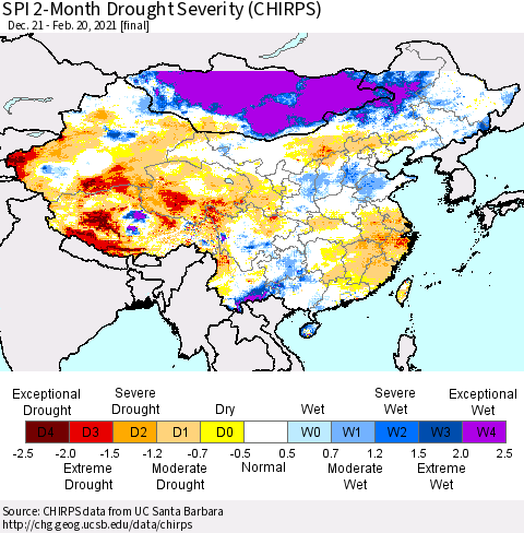 China, Mongolia and Taiwan SPI 2-Month Drought Severity (CHIRPS) Thematic Map For 12/21/2020 - 2/20/2021
