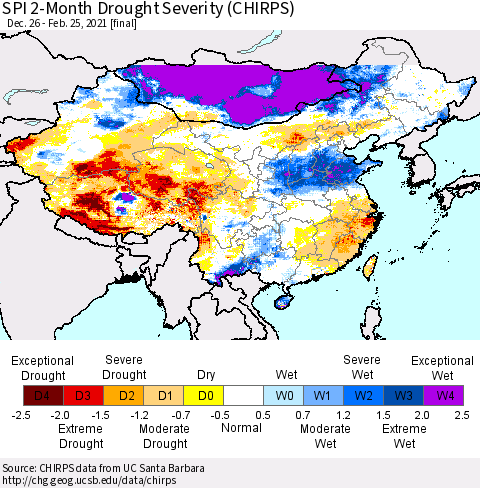 China, Mongolia and Taiwan SPI 2-Month Drought Severity (CHIRPS) Thematic Map For 12/26/2020 - 2/25/2021