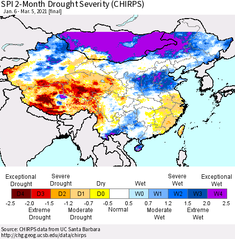 China, Mongolia and Taiwan SPI 2-Month Drought Severity (CHIRPS) Thematic Map For 1/6/2021 - 3/5/2021