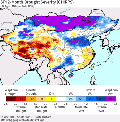China, Mongolia and Taiwan SPI 2-Month Drought Severity (CHIRPS) Thematic Map For 1/11/2021 - 3/10/2021