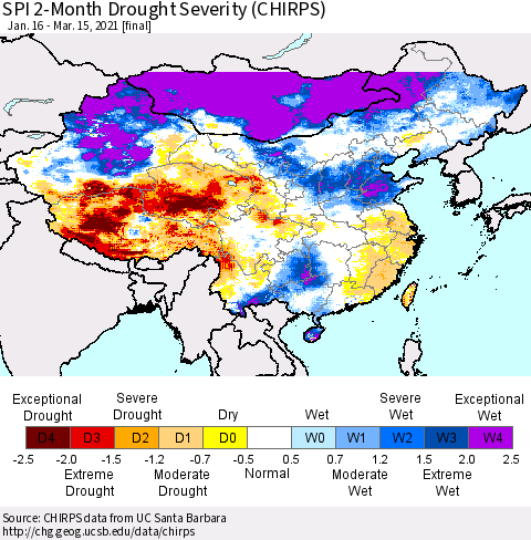 China, Mongolia and Taiwan SPI 2-Month Drought Severity (CHIRPS) Thematic Map For 1/16/2021 - 3/15/2021