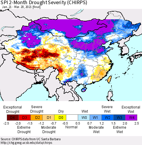China, Mongolia and Taiwan SPI 2-Month Drought Severity (CHIRPS) Thematic Map For 1/21/2021 - 3/20/2021