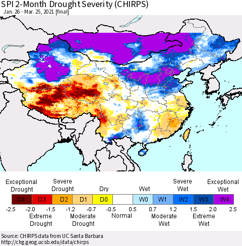 China, Mongolia and Taiwan SPI 2-Month Drought Severity (CHIRPS) Thematic Map For 1/26/2021 - 3/25/2021