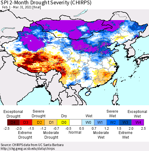 China, Mongolia and Taiwan SPI 2-Month Drought Severity (CHIRPS) Thematic Map For 2/1/2021 - 3/31/2021
