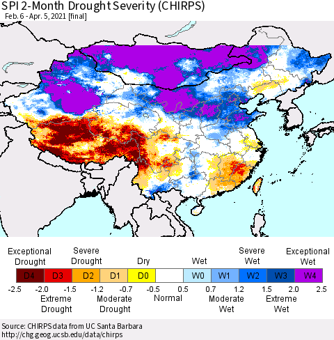 China, Mongolia and Taiwan SPI 2-Month Drought Severity (CHIRPS) Thematic Map For 2/6/2021 - 4/5/2021