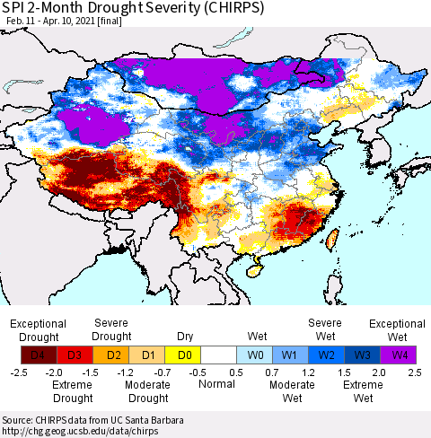 China, Mongolia and Taiwan SPI 2-Month Drought Severity (CHIRPS) Thematic Map For 2/11/2021 - 4/10/2021