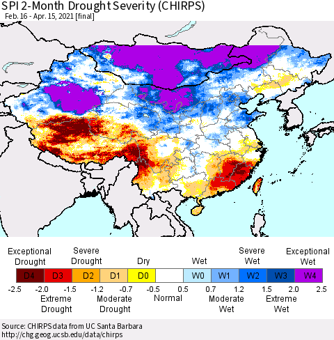 China, Mongolia and Taiwan SPI 2-Month Drought Severity (CHIRPS) Thematic Map For 2/16/2021 - 4/15/2021