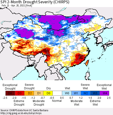 China, Mongolia and Taiwan SPI 2-Month Drought Severity (CHIRPS) Thematic Map For 2/21/2021 - 4/20/2021