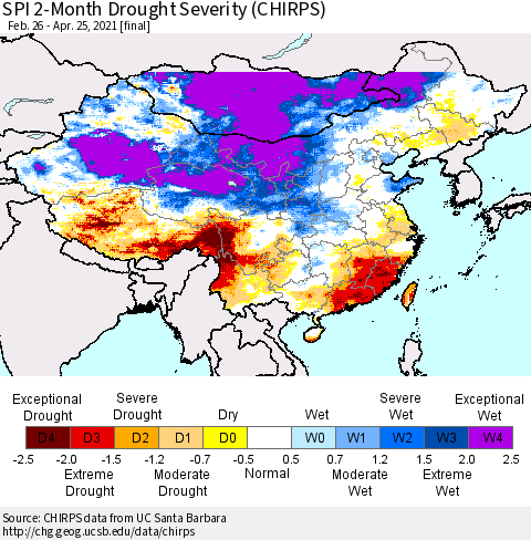 China, Mongolia and Taiwan SPI 2-Month Drought Severity (CHIRPS) Thematic Map For 2/26/2021 - 4/25/2021
