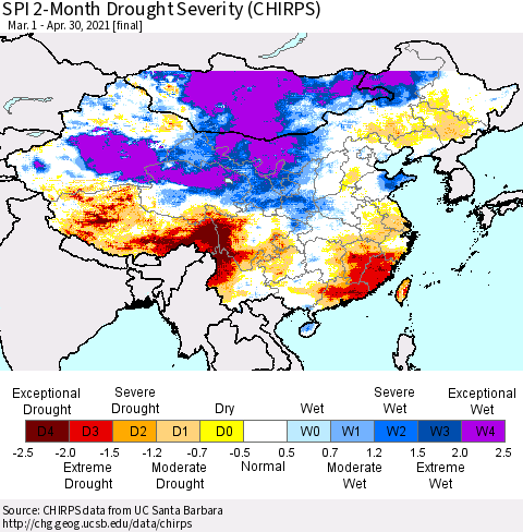 China, Mongolia and Taiwan SPI 2-Month Drought Severity (CHIRPS) Thematic Map For 3/1/2021 - 4/30/2021