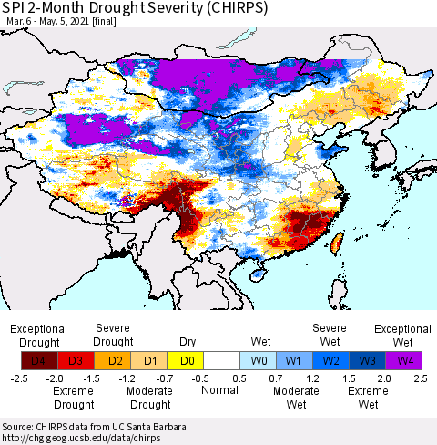 China, Mongolia and Taiwan SPI 2-Month Drought Severity (CHIRPS) Thematic Map For 3/6/2021 - 5/5/2021