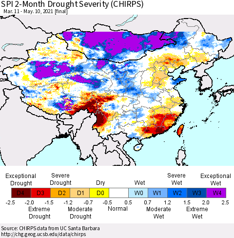 China, Mongolia and Taiwan SPI 2-Month Drought Severity (CHIRPS) Thematic Map For 3/11/2021 - 5/10/2021