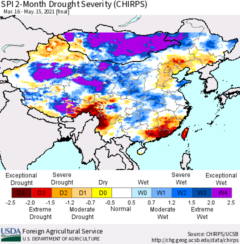 China, Mongolia and Taiwan SPI 2-Month Drought Severity (CHIRPS) Thematic Map For 3/16/2021 - 5/15/2021