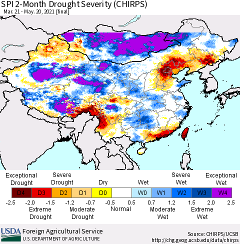 China, Mongolia and Taiwan SPI 2-Month Drought Severity (CHIRPS) Thematic Map For 3/21/2021 - 5/20/2021