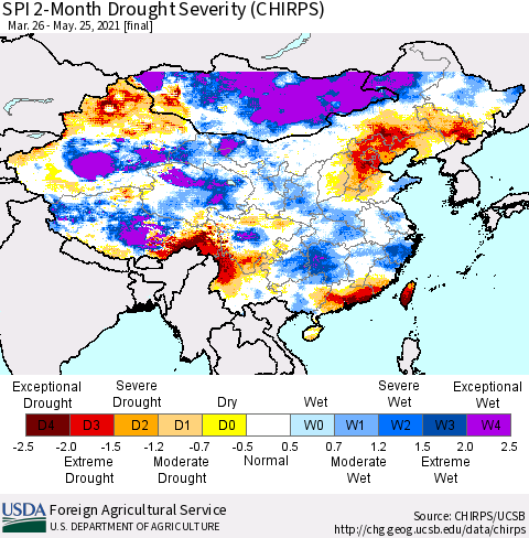 China, Mongolia and Taiwan SPI 2-Month Drought Severity (CHIRPS) Thematic Map For 3/26/2021 - 5/25/2021