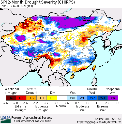 China, Mongolia and Taiwan SPI 2-Month Drought Severity (CHIRPS) Thematic Map For 4/1/2021 - 5/31/2021