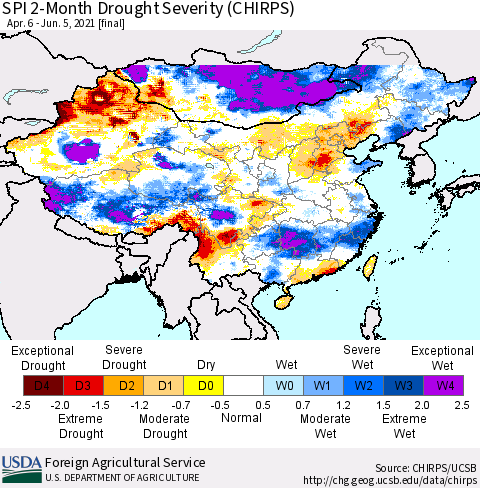 China, Mongolia and Taiwan SPI 2-Month Drought Severity (CHIRPS) Thematic Map For 4/6/2021 - 6/5/2021