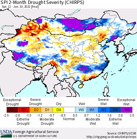 China, Mongolia and Taiwan SPI 2-Month Drought Severity (CHIRPS) Thematic Map For 4/11/2021 - 6/10/2021