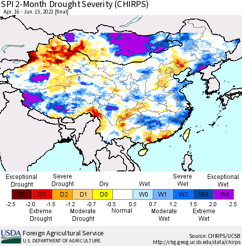 China, Mongolia and Taiwan SPI 2-Month Drought Severity (CHIRPS) Thematic Map For 4/16/2021 - 6/15/2021