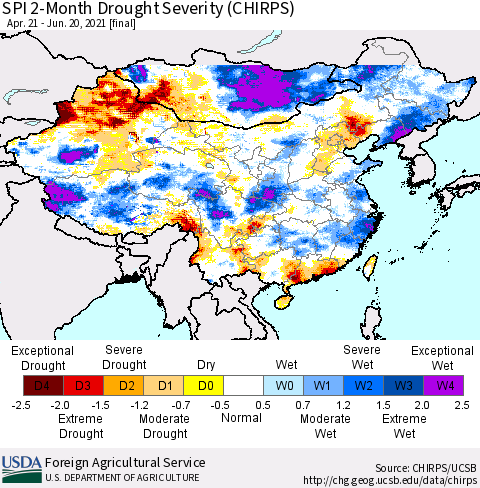 China, Mongolia and Taiwan SPI 2-Month Drought Severity (CHIRPS) Thematic Map For 4/21/2021 - 6/20/2021