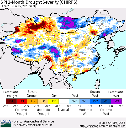 China, Mongolia and Taiwan SPI 2-Month Drought Severity (CHIRPS) Thematic Map For 4/26/2021 - 6/25/2021