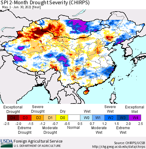 China, Mongolia and Taiwan SPI 2-Month Drought Severity (CHIRPS) Thematic Map For 5/1/2021 - 6/30/2021