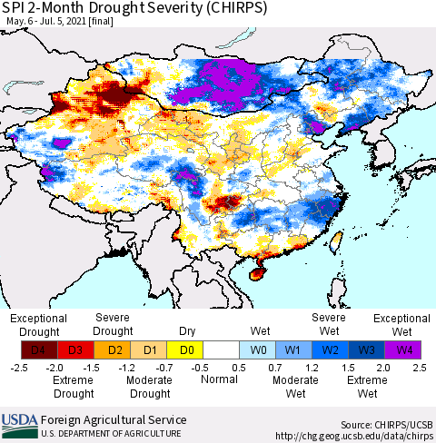 China, Mongolia and Taiwan SPI 2-Month Drought Severity (CHIRPS) Thematic Map For 5/6/2021 - 7/5/2021