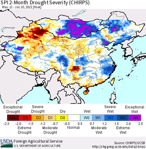 China, Mongolia and Taiwan SPI 2-Month Drought Severity (CHIRPS) Thematic Map For 5/11/2021 - 7/10/2021