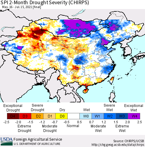 China, Mongolia and Taiwan SPI 2-Month Drought Severity (CHIRPS) Thematic Map For 5/16/2021 - 7/15/2021