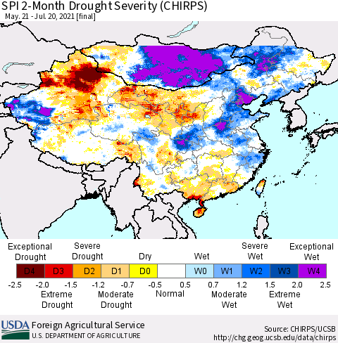 China, Mongolia and Taiwan SPI 2-Month Drought Severity (CHIRPS) Thematic Map For 5/21/2021 - 7/20/2021