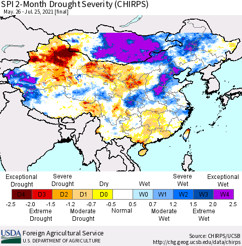 China, Mongolia and Taiwan SPI 2-Month Drought Severity (CHIRPS) Thematic Map For 5/26/2021 - 7/25/2021