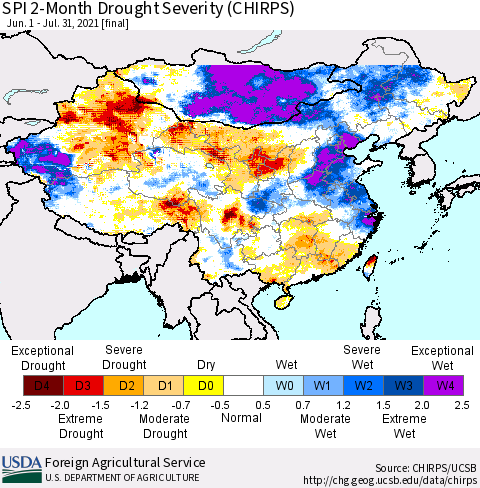 China, Mongolia and Taiwan SPI 2-Month Drought Severity (CHIRPS) Thematic Map For 6/1/2021 - 7/31/2021