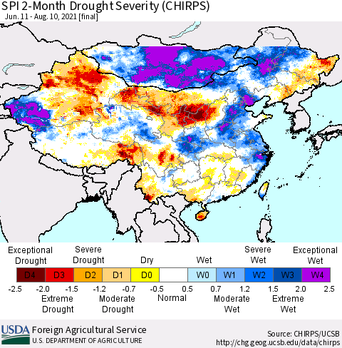 China, Mongolia and Taiwan SPI 2-Month Drought Severity (CHIRPS) Thematic Map For 6/11/2021 - 8/10/2021