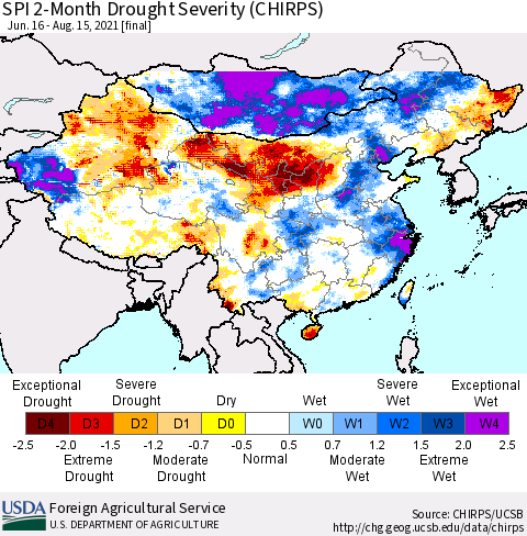 China, Mongolia and Taiwan SPI 2-Month Drought Severity (CHIRPS) Thematic Map For 6/16/2021 - 8/15/2021