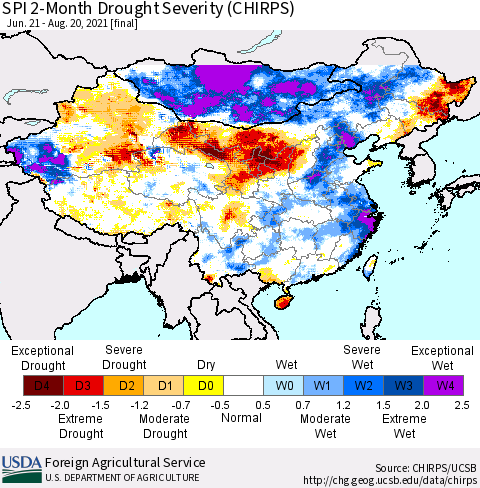 China, Mongolia and Taiwan SPI 2-Month Drought Severity (CHIRPS) Thematic Map For 6/21/2021 - 8/20/2021