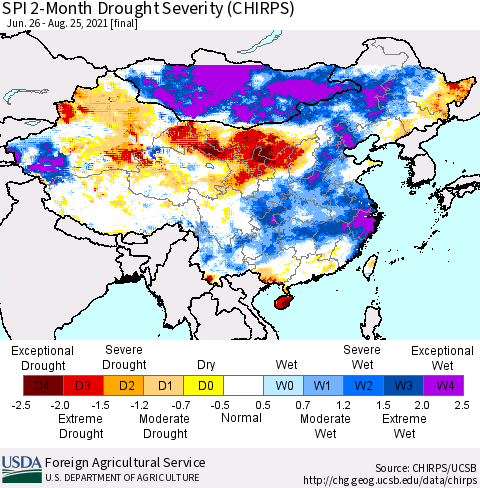 China, Mongolia and Taiwan SPI 2-Month Drought Severity (CHIRPS) Thematic Map For 6/26/2021 - 8/25/2021