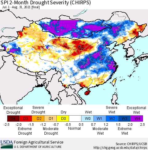China, Mongolia and Taiwan SPI 2-Month Drought Severity (CHIRPS) Thematic Map For 7/1/2021 - 8/31/2021