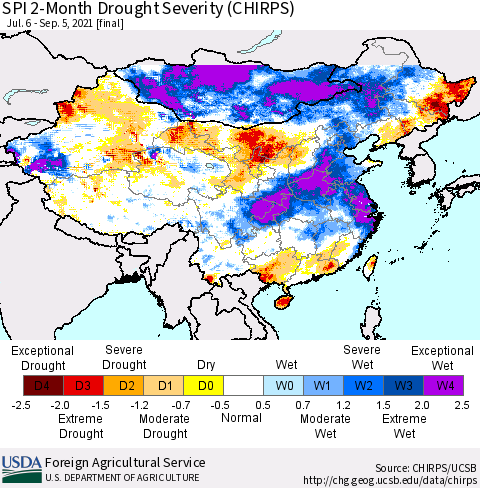 China, Mongolia and Taiwan SPI 2-Month Drought Severity (CHIRPS) Thematic Map For 7/6/2021 - 9/5/2021