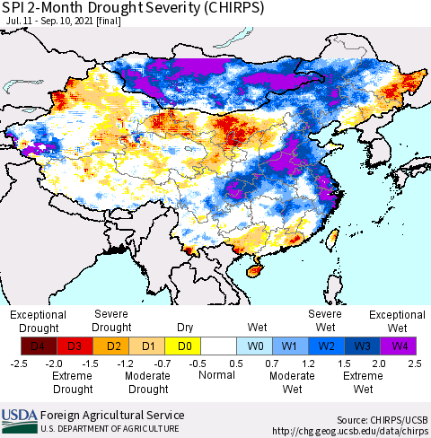 China, Mongolia and Taiwan SPI 2-Month Drought Severity (CHIRPS) Thematic Map For 7/11/2021 - 9/10/2021