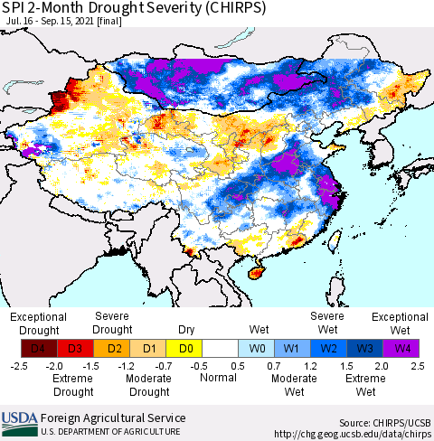 China, Mongolia and Taiwan SPI 2-Month Drought Severity (CHIRPS) Thematic Map For 7/16/2021 - 9/15/2021
