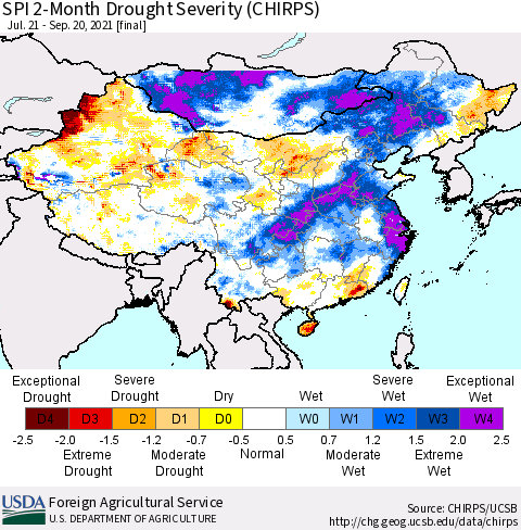 China, Mongolia and Taiwan SPI 2-Month Drought Severity (CHIRPS) Thematic Map For 7/21/2021 - 9/20/2021