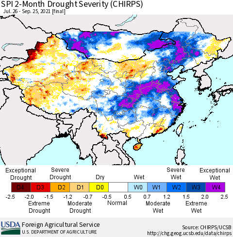 China, Mongolia and Taiwan SPI 2-Month Drought Severity (CHIRPS) Thematic Map For 7/26/2021 - 9/25/2021