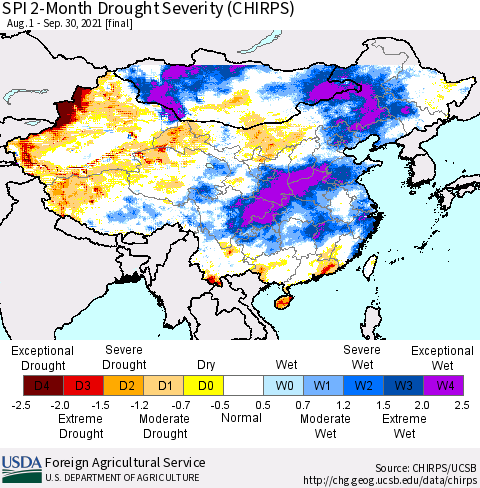 China, Mongolia and Taiwan SPI 2-Month Drought Severity (CHIRPS) Thematic Map For 8/1/2021 - 9/30/2021